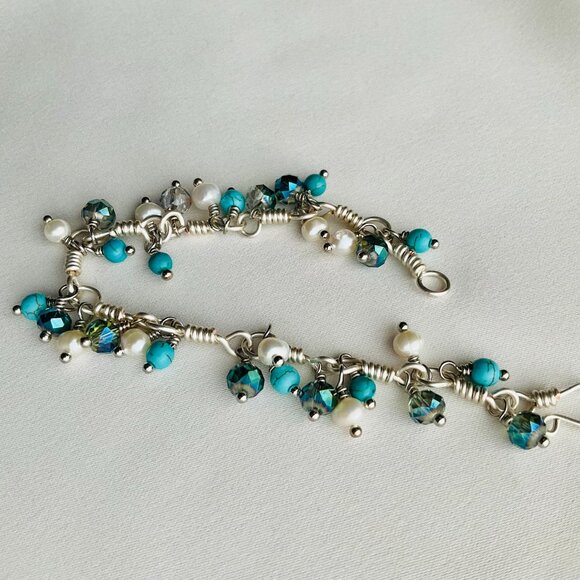Cluster Bracelet with Turquoise, Pearls, and Crystals. Chain with Dangle Gem - Picture 6 of 16
